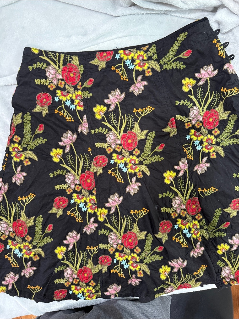 Johnny Was Black A-Line Skirt with Multicolor Floral Embroidery